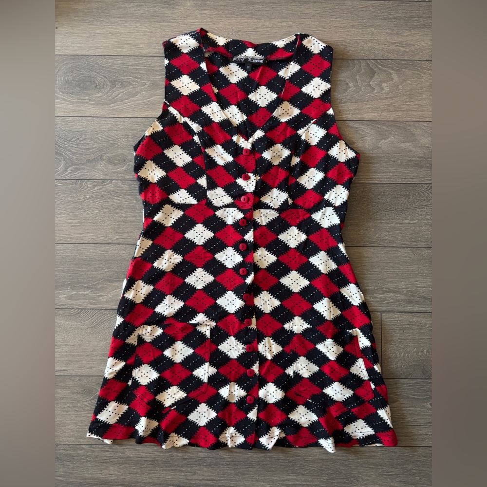 Vintage 90s Betsey Johnson Harlequin Print Button Mini Dress - Small/Medium